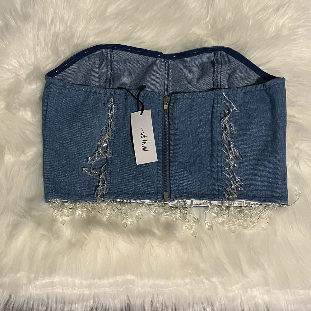 Nasty Gal Premium Chandelier Embellished Denim Bustier Top - Picture 6 of 7